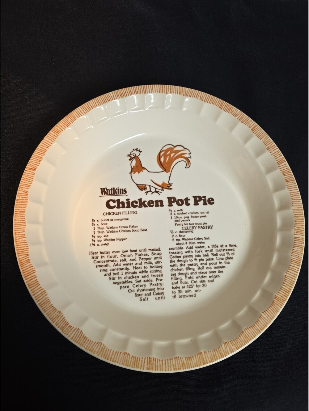 Vintage 1981 Watkins Chicken Pot Pie Recipe Kitchen Decor Pie Plate